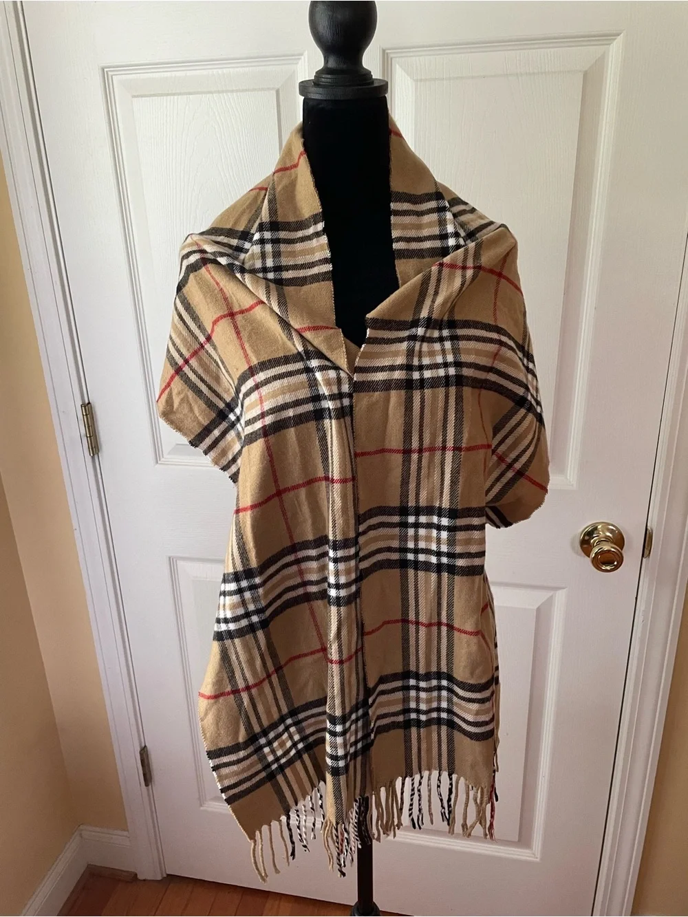 Cashmere Feel Italy Design Camel Plaid Tartan Fringe Scarf Wrap 60x12 🧣Italian